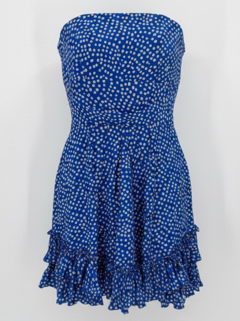 BCBGeneration Blue Strapless Mini Dress Size 6 Ruffle Abstract Dot Print EUC